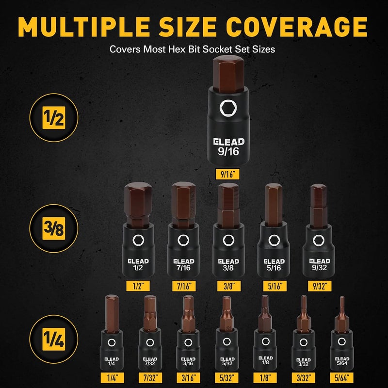 ELEAD 16-Piece SAE Hex Bit Impact Socket Set - Premium S2 Steel 5/64"-9/16" Allen Socket Set with Socket Adapters, 1/4”, 3/8” and 1/2” Drive | Professional Mechanic Garage Tools - Image 2